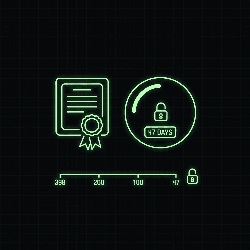 Green line-art certificate and a padlock gauge reading 47 DAYS above a slider marked 398, 200, 100, 47