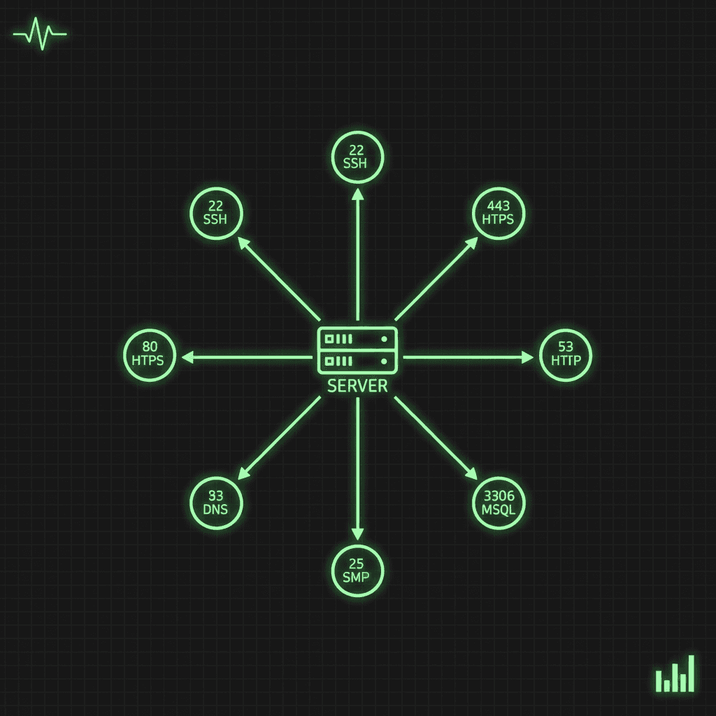 Green SERVER box at the center with eight arrows radiating to circular nodes labeled with ports like 22 SSH, 443 HTTPS, 80 HTTP, 53 DNS, 3306 MySQL