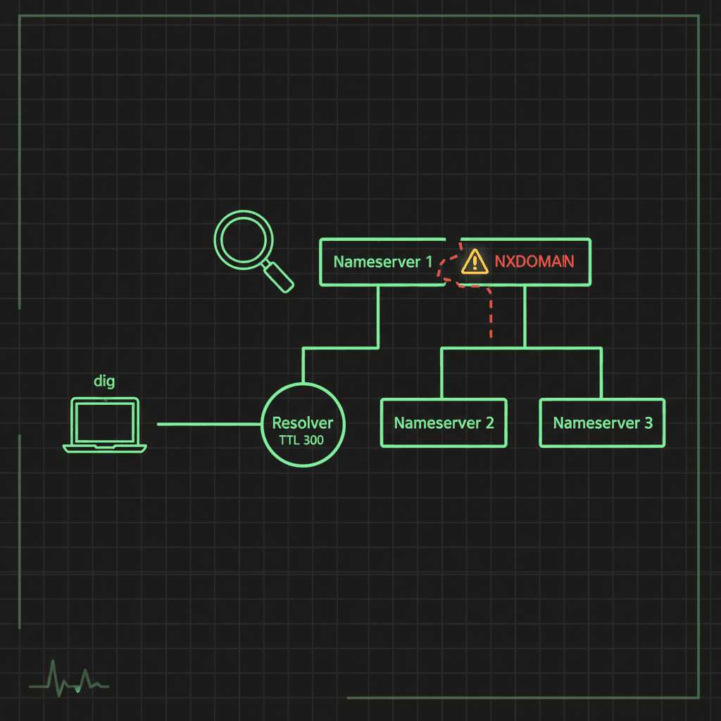 Green flow diagram of a laptop running dig to a resolver and three nameservers, with Nameserver 1 flagged by a red warning triangle and NXDOMAIN