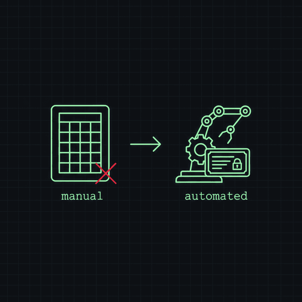 Green spreadsheet grid with a red cross labeled manual, an arrow pointing to a robotic arm, gear and lock labeled automated