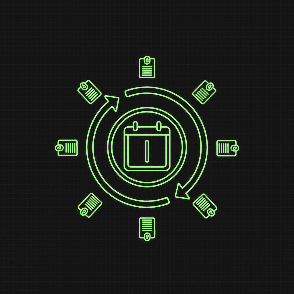 Green calendar icon encircled by two curved renewal arrows, ringed by eight small document and certificate icons