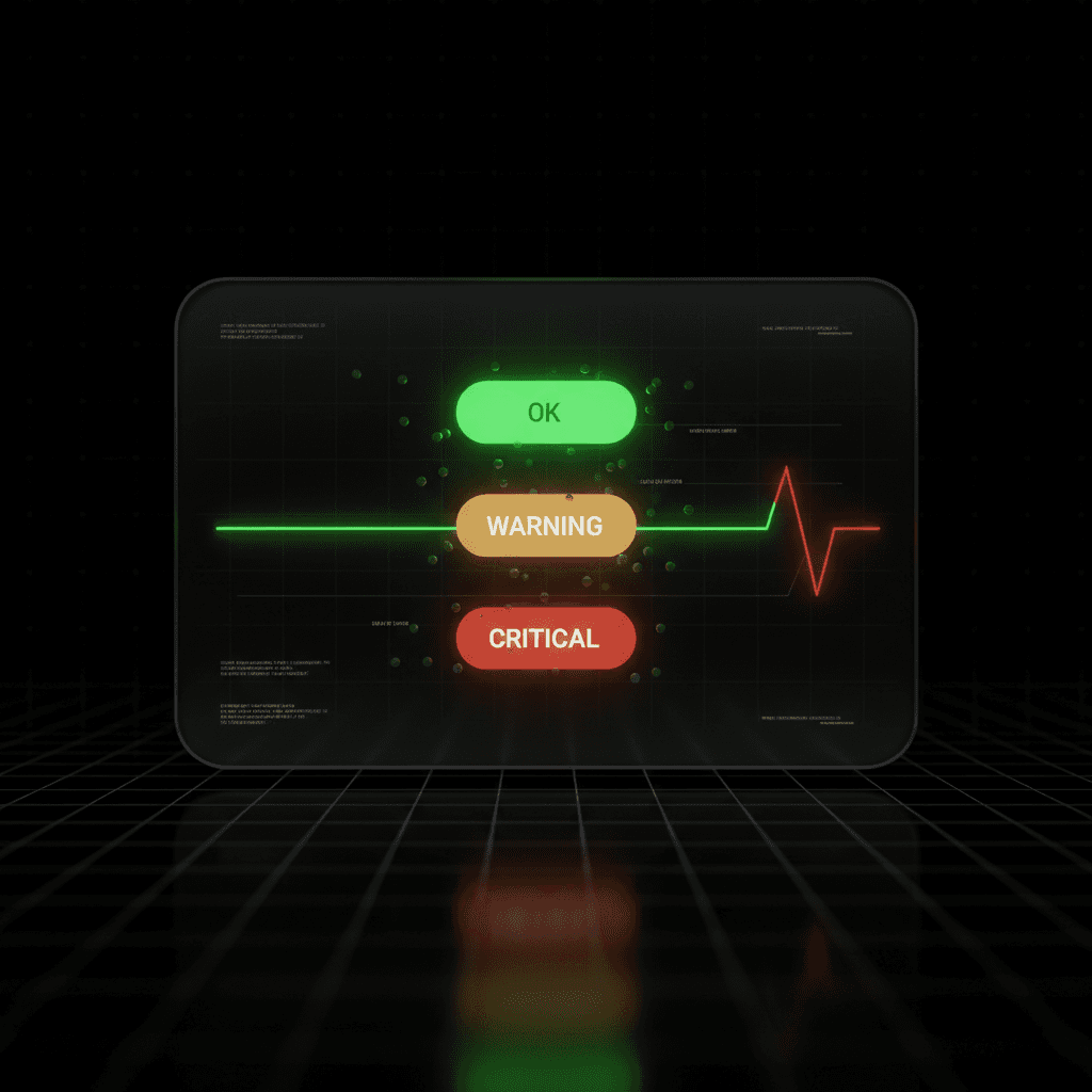 Dark dashboard panel with three stacked status pills, green OK, amber WARNING, red CRITICAL, crossed by a red heartbeat line