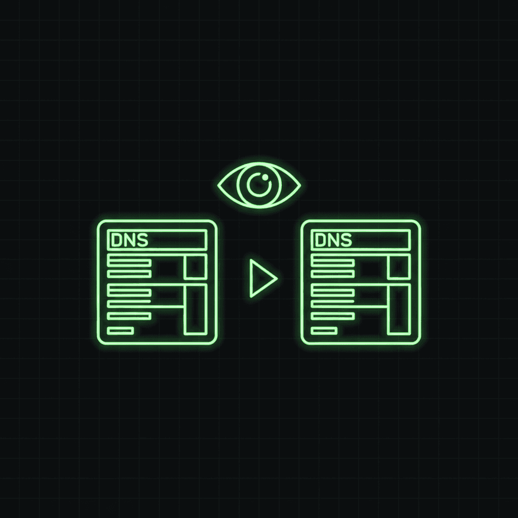 Two green DNS record panels with a play arrow between them and a watching eye above, on a dark grid