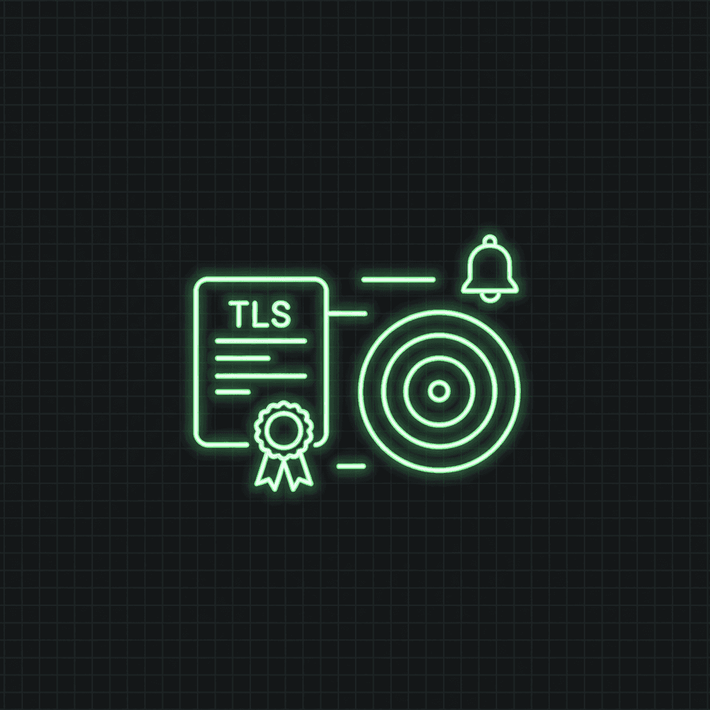 Green line-art certificate labeled TLS with a ribbon seal, a target, and an alert bell on a dark grid