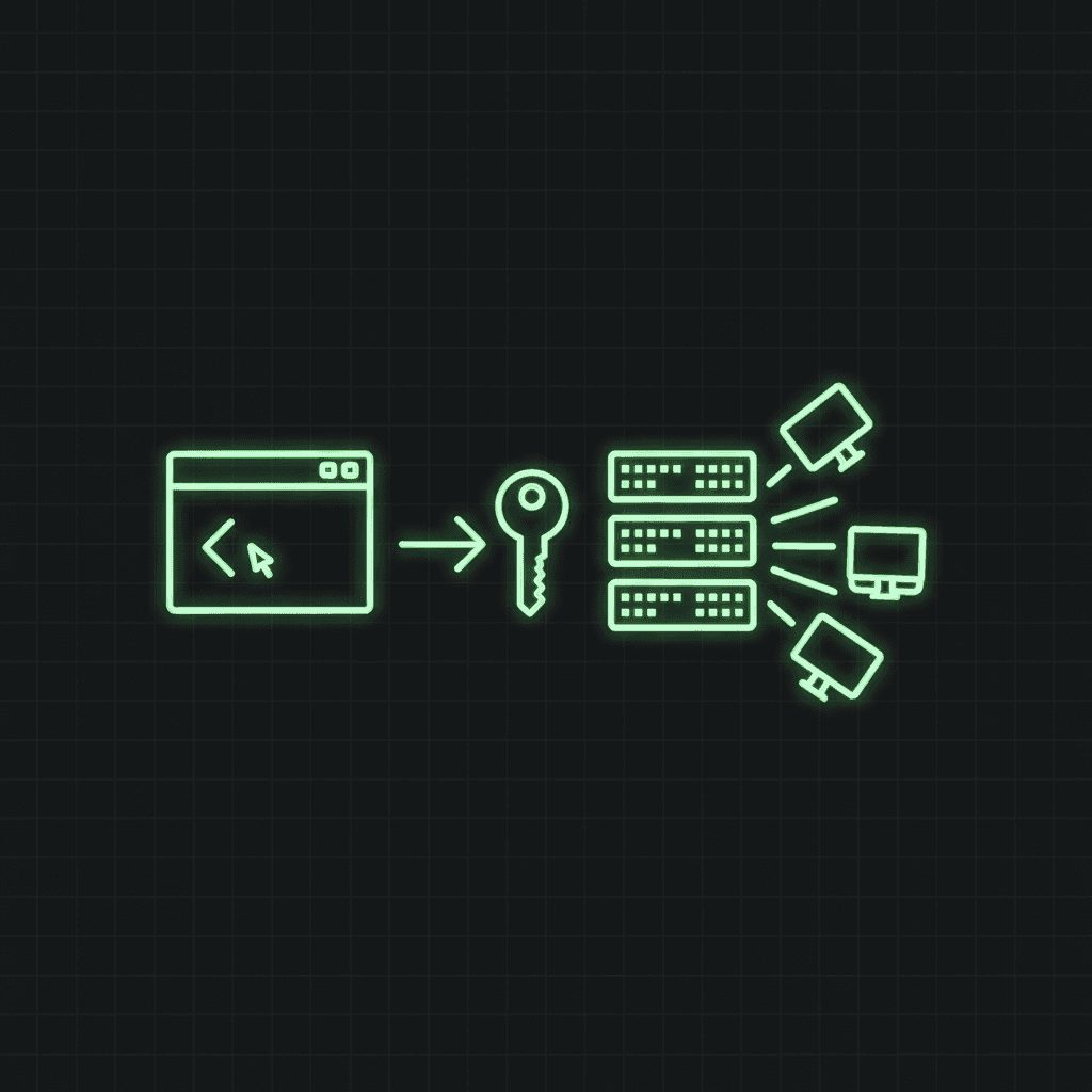 Green line-art code window, an arrow to a key, then servers connecting to a laptop and a monitor, on a dark grid