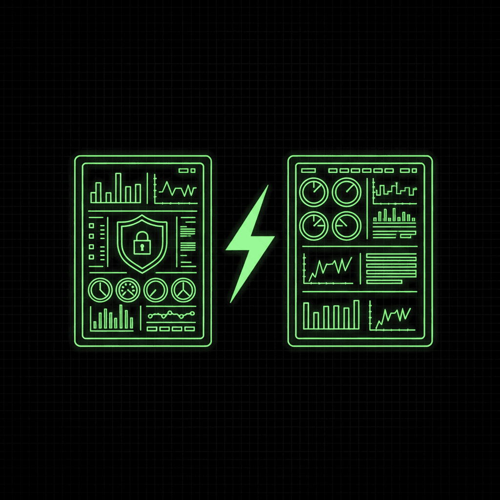 Two green line-art dashboard panels split by a lightning bolt, left panel showing a padlock shield, right packed with charts and gauges