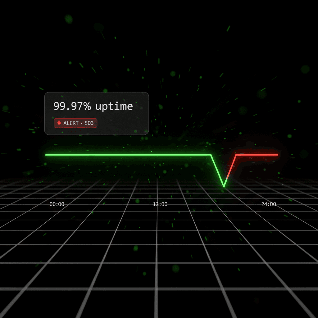 Uptime line dropping from green to red on a perspective grid, labelled 99.97% uptime and ALERT 503, with 00:00 12:00 24:00 axis
