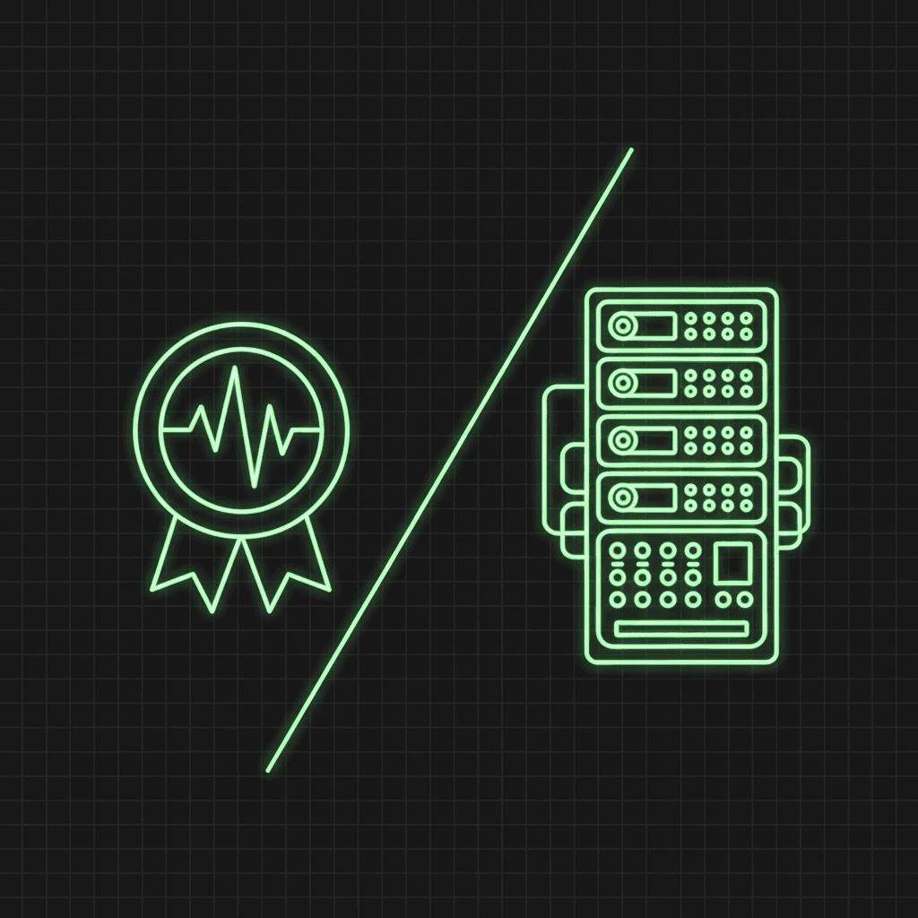 Green line-art award rosette with a pulse waveform on the left, a rack-mounted server stack on the right, split by a diagonal