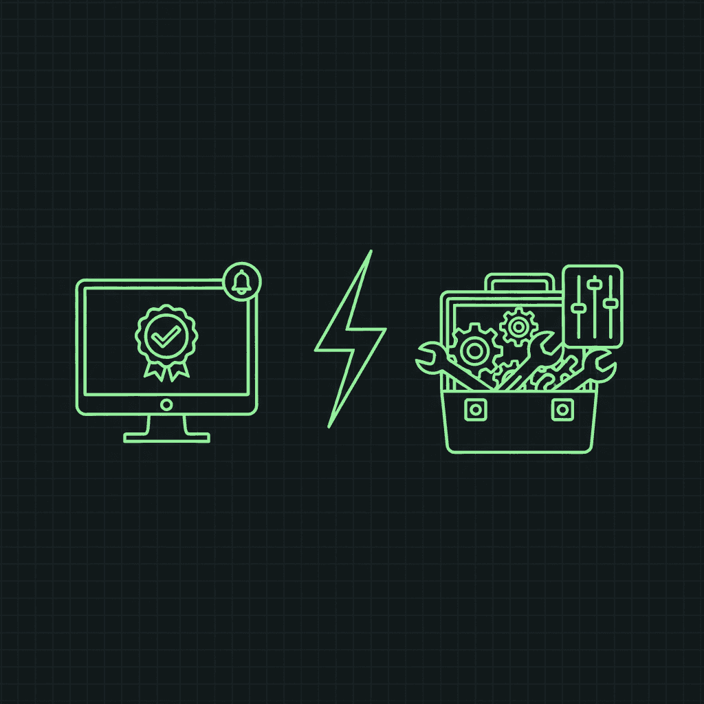 Green line-art monitor showing a checkmark badge on the left, a toolbox of gears, wrench, and sliders on the right, split by a lightning bolt